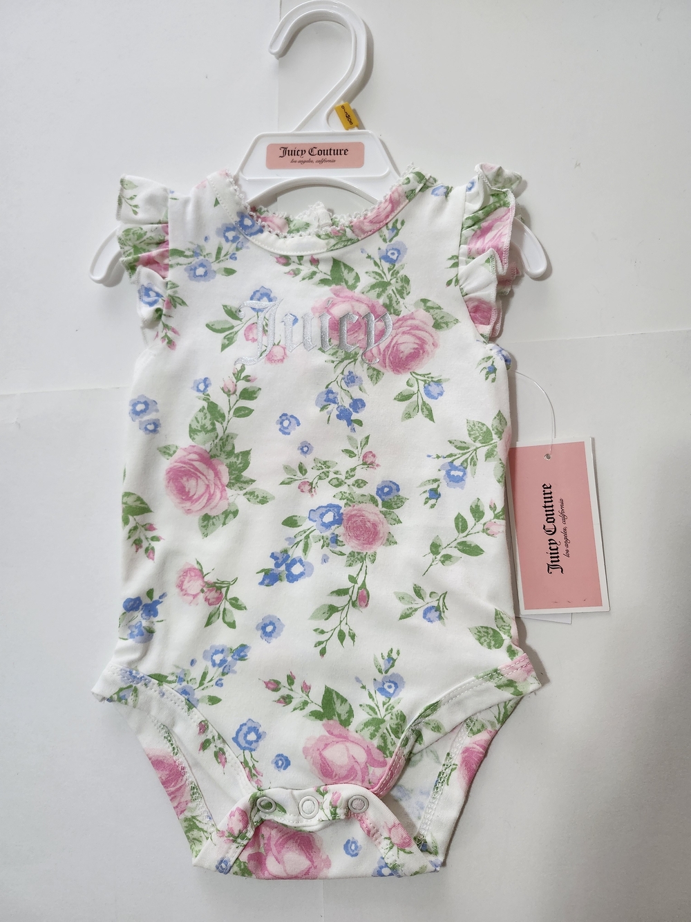 Juicy Couture White Floral Baby One-Piece with Pink & Blue Roses